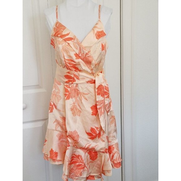 GUESS Margo Floral-Print Wrap Tie Front Dress Kula Blooms Print Orange Satin (S) - Picture 1 of 10